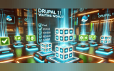 A futuristic, technological operating theatre featuring a 'Drupal 11 Waiting Wishlist'