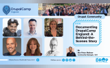 Cover image for the article “Documenting DrupalCamp England: A Behind-the-Scenes Story” contains the mugshots of Rajeev Kumar, Paul Johnson and Jenny Dumitrescu on the top row (left to right) and Alejandro Moreno López, Hannah O'Leary and Hadda Hreidarsdottir on the bottom row (L to R). A skyline ribbon at the top of the image contains the DrupalCamp England Logo and a cropped photograph of the camp delegates outside the venue. At the bottom right, the byline ‘Ben Peter Mathew’ and the author’s mughshot is 
