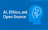 Text that reads, "AI, Ethics, and Open Source" with the graphic of a head with a second head inside that looks like circuits. The banner is blue.