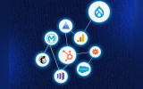 Network diagram featuring the HubSpot sprocket logo at center connected by lines to service icons for Drupal (water droplet), Google Analytics (bar chart), Zapier (asterisk), Salesforce (cloud), Mailchimp (chimp face), Mautic (stylized “M”), Microsoft Azure (triangle), and a three-bar metrics logo.