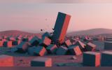 A large rectangular block crashes into the ground, breaking apart surrounding cubes in a barren desert-like landscape under a pink sky.