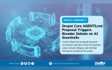 Graphic highlighting a debate in the Drupal community about adding an AGENTS.md file to core to guide AI coding tools, raising questions about governance, contributor responsibility, and reviewer workload.