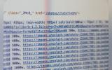 Close-up photograph of HTML and image URL code displayed on a computer screen, showing multiple links to images hosted on Unsplash. The code includes attributes such as width settings, formatting parameters, and image source URLs, with parts of the text slightly blurred.