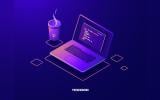 avatar Laptop with program code isometric icon, software development and programming applications dark neon