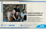 Illustrated graphic about Drupal contribution history as part of developer visibility, reputation, and professional portfolio building.