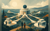 The image depicts a stylized, architectural illustration of a central hub connected to multiple smaller structures by luminous pathways, symbolizing a centralized system with distributed points, with several individuals looking on from a foreground hilltop.