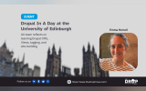 An event graphic titled "Drupal In A Day at the University of Edinburgh," featuring Emma Horrell, which highlights how the UX team reflected on their experience learning Drupal CMS, including Views, tagging, and site-building.
