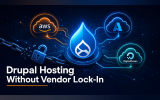 Promotional graphic titled "Drupal Hosting Without Vendor Lock-In". The image features a central Drupal logo connected to cloud computing icons for AWS, Azure, and DigitalOcean, set against a dark blue technical background with a broken chain and a padlock to symbolize liberation from vendor lock-in.