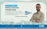 Hero image for a contributor article in The Drop Times' Drupal Community series. The headline reads “Finding Community Through Drupal.” The deck states, “Reflecting on mentorship, inclusion, and belonging after a first international Drupal speaking experience.” A portrait of Francesco Maria Battaglia appears beside Drupal Developer Days Athens 2026 branding, Greek-inspired border motifs, and an illustrated Athens skyline, highlighting community participation and personal growth.