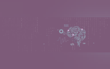     A wide banner graphic with a muted magenta or dusty purple background featuring a subtle digital dot-matrix grid pattern. On the right side, there is a glowing neon-cyan illustration of a human brain formed by circuit board paths and glowing nodes. Surrounding the brain illustration are small technical symbols, including binary code, dual interlocking gears, a soundwave line, and a source code icon