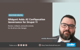 Horizontal TDT hero graphic showing Andrés Moreno Rubio beside the headline “Midgard Adds AI Governance for Drupal Configuration” and a subline on review, rollback, and audit controls for AI-driven site changes.