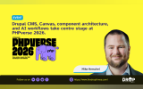 An eot of Mike Herschel, highlighting that Drupal CMS, Canvas, component architecture, and AI workflvent graphic featuring a yellow background and a headshows are taking center stage at the PHPverse 2026 free online event.