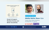 Hero graphic for Mobile Native Share 1.2.x showing Drupal 12 support, a renderer service update, accessibility improvements, portraits of Lap Pham and Alexander Shabanov, and logos for Kyanon Digital and Attico International.