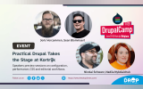 DrupalCamp Kortrijk speaker preview graphic highlighting practical Drupal sessions on configuration, performance, CSS and editorial workflows.