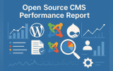 > Promotional graphic titled "Open Source CMS Performance Report" on a blue background. The title is accompanied by logos for WordPress, Joomla, and Drupal, surrounded by various data analysis icons, including bar charts, line graphs, a magnifying glass over a pie chart, a user profile, a gear, and a secured document checklist.