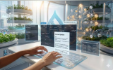 A futuristic, high-tech workspace image featuring an individual interacting with a transparent, illuminated holographic interface that displays a "June 2026" calendar, a "Drupal Module Control" panel, and a "Farm Maintenance Schedule."