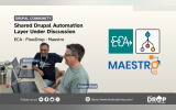 Hero image for The DropTimes showing a Drupal Community story card titled “Shared Drupal Automation Layer Under Discussion” with the subtitle “ECA · FlowDrop · Maestro.” The image includes project logos for ECA, FlowDrop, and Maestro, plus a photo of Shibin Das and Jürgen Haas seated at a table with laptops. The DropTimes branding, website URL, and social media icons appear in the footer.
