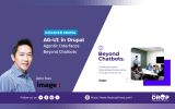 Promotional graphic split diagonally into purple and white sections, titled "AG-UI in Drupal: Agentic Interfaces Beyond Chatbots." The purple section on the left features a headshot of John Tran from ImageX. The white section on the right includes the text "Beyond Chatbots: Creating Smarter, Personalized Experiences in Drupal with AG-UI," accompanied by a smaller photograph showing a group of colleagues collaborating in a meeting room.