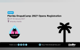 An event graphic announcing that registration has opened for the Florida DrupalCamp 2027, to be held in Orlando, Florida, on 29–30 January 2027