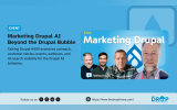 A promotional event graphic for Talking Drupal #559, titled "Marketing Drupal AI Beyond the Drupal Bubble," which explores strategies such as outreach, customer stories, events, webinars, and AI-search visibility to support the Drupal AI Initiative.