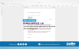 Promotional banner featuring a blurred web browser interface displaying a text document editor in the background. Prominent text overlaid in the center reads "FREE SOFTWARE" in a bright blue badge, followed by the large purple title "EURO-OFFICE 1.0" and the subtitle "The EU's open-source alternative to Microsoft 365 and Google Docs." A solid blue bar spans the bottom of the image, showcasing social media follow icons, the website URL "https://www.thedroptimes.com/", and "THE DROP TIMES" logo.