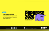 A blue badge reads "EVENT", followed by black text that states "PHPverse 2026: Drupal, Symfony, Composer and AI-Focused Sessions Featured in Global PHP Event." The right side displays a large black logo for "JETBRAINS PHPVERSE 2026" alongside an illustration of a purple elephant mascot with the letters "php" written on its side. Below the logo, text reads "Free online event for PHP developers worldwide." A black banner at the very bottom includes social media icons, the website URL "https://www.thedroptimes