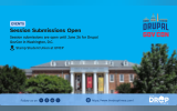 A graphic with a bright blue background featuring the text "EVENTS. Session Submissions Open. Session submissions are open until June 26 for Drupal GovCon in Washington, D.C." Below the text, a location icon marks "Stamp Student Union at UMCP." The Drupal GovCon logo is in the top right, and a blurred image of the brick university building is positioned across the middle. A light blue footer sits at the bottom with social icons, the website URL, and The Drop Times logo.