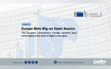 Promotional graphic titled "Europe Bets Big on Open Source," featuring text about the European Commission's digital sovereignty strategy over a background image of the European Commission building and EU flags.