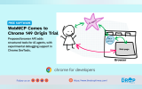Promotional graphic titled "WebMCP Comes to Chrome 149 Origin Trial." It describes a proposed browser API adding structured tools for AI agents and includes a hand-drawn diagram showing the interaction between a user, an AI agent, an MCP server, and a web page within a browser.
