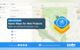 Promotional graphic titled "Apple Maps for Web Projects," announcing that MapKit JS 6 refreshes the developer setup. The background features a blurred Apple Maps interface with WebKit Logo on the right.