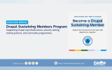 Promotional graphic highlighting the "Drupal Sustaining Members Program." The text emphasizes supporting Drupal.org's infrastructure, security tooling, testing systems, and community programs, inviting readers to "Become a Drupal Sustaining Member" to support the open web.