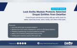 Promotional graphic introducing the "Lock Entity Module" for Drupal. The image details how the module adds per-entity locks to prevent the deletion or unpublishing of nodes, taxonomy terms, users, and media, and outlines its main administrative and configuration features.