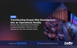 Event graphic titled "Transforming Drupal Web Development into an Operational Reality." The text details how organizations achieve higher efficiency and business impact, set against a dark background featuring a blurred audience in an auditorium.
