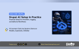 Promotional graphic titled "Drupal AI Setup in Practice." The image announces a live session demo covering models, guardrails, and CKEditor, accompanied by a futuristic illustration of a robot interacting with a glowing AI toolkit interface.