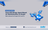 Promotional graphic titled "Drup-AID Brings Agent-Based AI Administration to Drupal," announcing a beta release for Drupal 10.3 and 11. The grey layout features blue geometric corner accents and a trio of cartoon Drupal mascots holding up beakers filled with smaller blue elements.