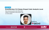 Interview graphic titled "EventHorizon CLI Keeps Drupal Code Analysis Local," explaining why enterprise audits need offline static analysis without cloud uploads. The right side features a headshot of Souvik Pal alongside the QED42 logo against a soft blue, smoky background.