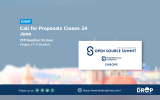 Event graphic titled "Call for Proposals Closes 24 June," indicating a deadline of 24 June for an event in Prague from 7–9 October. The text is set against a blurred background image of Prague, alongside a white card displaying the logo for the Open Source Summit Europe and the Embedded Linux Conference.