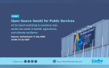 Event graphic titled "Open Source GenAI for Public Services," detailing an AI for Good workshop in Geneva, Switzerland on 9 July 2026. The right side shows a large building facade with an outdoor billboard advertisement for the "AI for Good Global Summit."