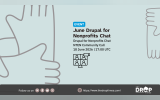 > Event graphic titled "June Drupal for Nonprofits Chat," announcing an NTEN Community Call on 18 June 2026 at 17:00 UTC. The light grey background features an icon of a video conference screen showing four participants, flanked by large, stylized line art drawings of hands giving thumbs-up gestures.