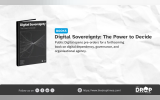 Promotional graphic titled "Digital Sovereignty: The Power to Decide," announcing that Public Digital has opened pre-orders for a forthcoming book on digital dependency, governance, and organisational agency. The layout features a crumpled white paper background with a 3D mockup of the black book cover on the left.