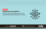 Security graphic titled "Drupal Security Updates," highlighting core and contrib fixes released on 17 June for JSON:API, oEmbed, and PHP Object Injection issues. The light blue layout features an abstract digital background along with a prominent line art icon of a padlock enclosed within a protective shield connected to circuit paths.