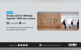 Event graphic titled "Drupal Zurich Meetup Agentic CMS Use Cases," scheduled for 9 July 2026 in Zürich. The text details AI workflows, Drupal AI updates, and community talks at Liip AG. On the right, a photograph shows the interior office space of Liip AG, featuring a wooden slatted wall with a large, stylized "L // P" logo, where several people are gathered and talking.