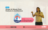 Event graphic titled "Drupal AI Moves From Features to Architecture." The image shows James Abrahams, speaking into a microphone on the right side. On the left, it features a circular "DrupalCamp Tokyo 2026" logo with an urban skyline illustration, accompanied by a pink text ribbon that reads: "James Abrahams on cost controls, agents and multilingual readiness."