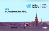 Event graphic titled "UN Open Source Week 2026," with the subtitle "AI, DPI and OSPOs Take Centre Stage in New York." The top right features the United Nations logo alongside text for "open source week" set against a twilight skyline view of New York City featuring the illuminated Empire State Building.