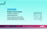A wide turquoise Discover Drupal graphic pairs a browser and shield icon with a summary of CAPTCHA controls for experimental Drupal Canvas Forms. Text reads "DISCOVER DRUPAL. Drupal Canvas Forms. CAPTCHA controls for experimental forms. Acquia documents site wide provider settings staged enforcement honeypot protection signed tokens and rate limits. Follow us on. LinkedIn. Facebook. Reddit. X. https www.thedroptimes.com. THE DROP TIMES."