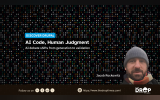 Discover Drupal graphic titled “AI Code, Human Judgment” over a dark background filled with rows of colorful binary code. Text reads “AI debate shifts from generation to validation,” with a portrait labeled “Jacob Rockowitz” and The Drop Times branding along the bottom.