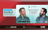 Free software graphic titled “Sovereign AI” with text reading “Open Source Control and Vendor Dependence.” A podcast promo on the right shows two speakers at microphones with text reading “Technically Speaking w/ Chris Wright,” “Defining sovereign AI with open source ft. Jered Floyd,” and “An original podcast from Red Hat.”