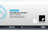 Gray Discover Drupal graphic with a large faded Drupal logo on the left and the Backdrop logo on the right. Text reads "DISCOVER DRUPAL". "BOA Migration Workflow". "Drupal 7 to Backdrop". "Convert a separate copy. review the result. and cut over when ready." "Follow us on". and "The DropTimes".