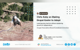 Chris Kelly rock climbing beside an interview graphic about making Drupal easier to adopt, with a byline for Allen Jason.