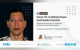 The DropTimes interview graphic featuring a portrait of Darren Oh. Label: “INTERVIEW.” Title: “Darren Oh on Making Drupal Participation Practical.” Deck: “Shared ownership across AI, contribution, trial access, and maintainer support.” Byline: Allen Jason.